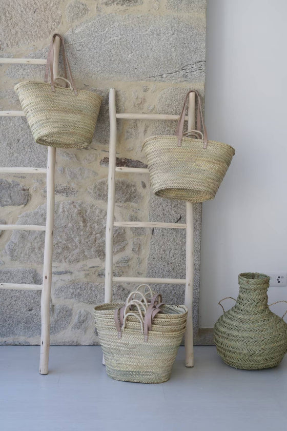 Handmade Straw Beach Basket with Leather Handles