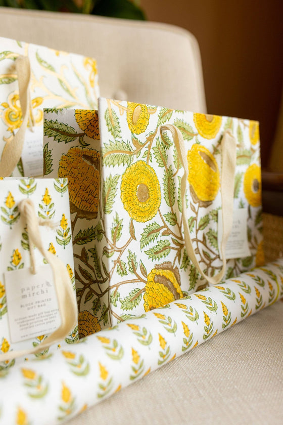 Hand Block Printed Gift Bags (Medium) - Sunshine - Chobham Flowers #