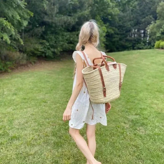 STRAW BAG Handmade leather, French Market Basket Backpack - Chobham Flowers #