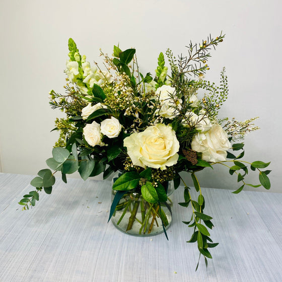 Timeless Elegance | White & Green Vase arrangement - Chobham Flowers #Humble