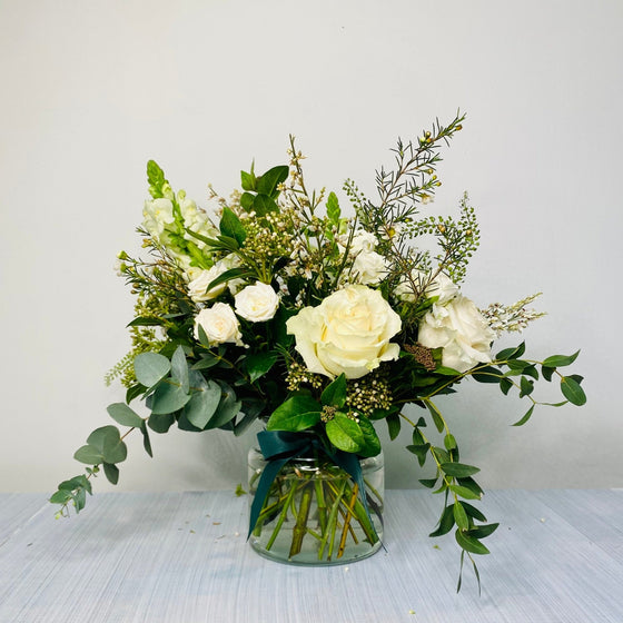 Timeless Elegance | White & Green Vase arrangement - Chobham Flowers #Humble